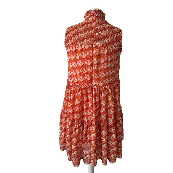 Taylor Women’s XS Boho Sheer Tiered Ruffle Floral Smocked High Neck Mini Dress - Picture 3 of 9